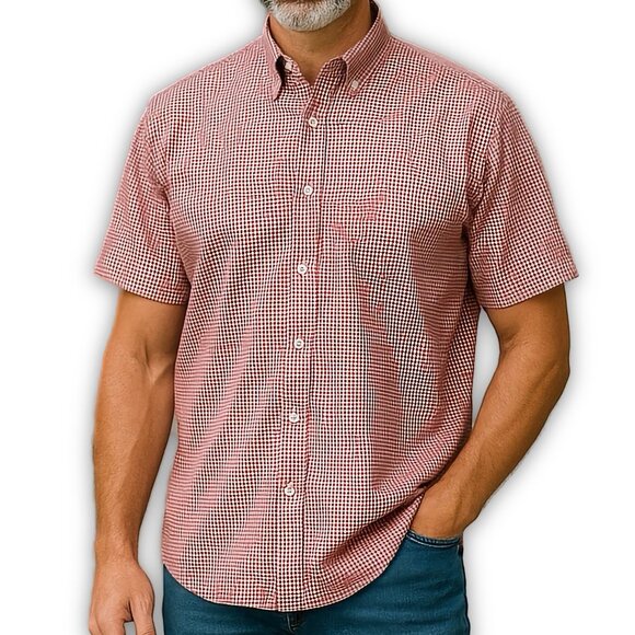 L.L. Bean Red Plaid Cotton Button Down Shirt Short Sleeve Large - Picture 1 of 11